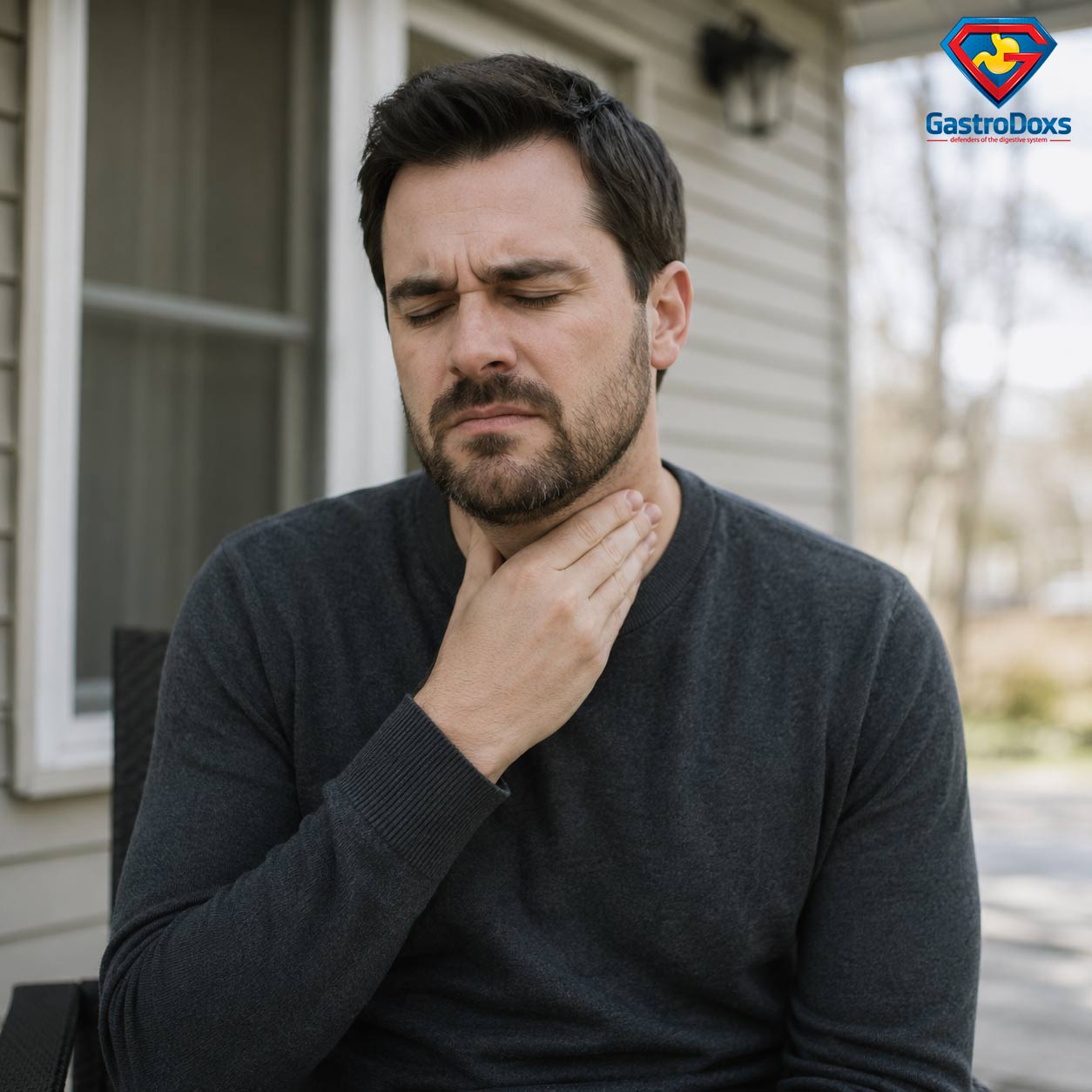 Adult holding the throat while experiencing difficulty swallowing