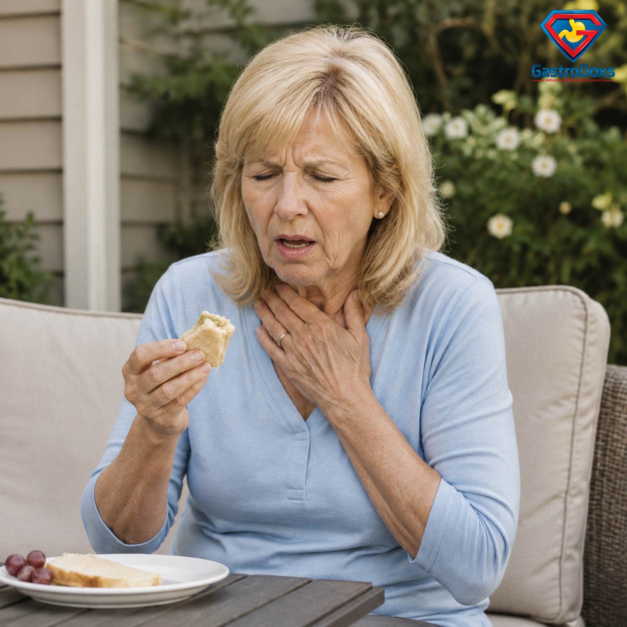 Adult with sudden sensation of food stuck in the chest during a meal