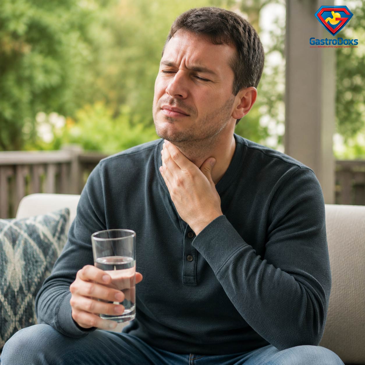 Adult experiencing pain in the throat while swallowing
