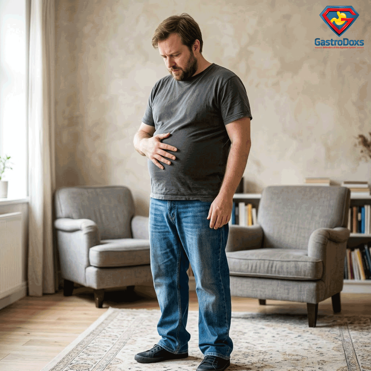 Person experiencing abdominal bloating and discomfort