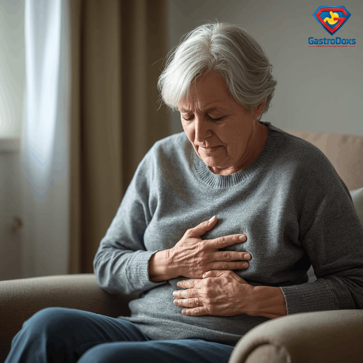 Person experiencing nausea holding stomach with concerned expression
