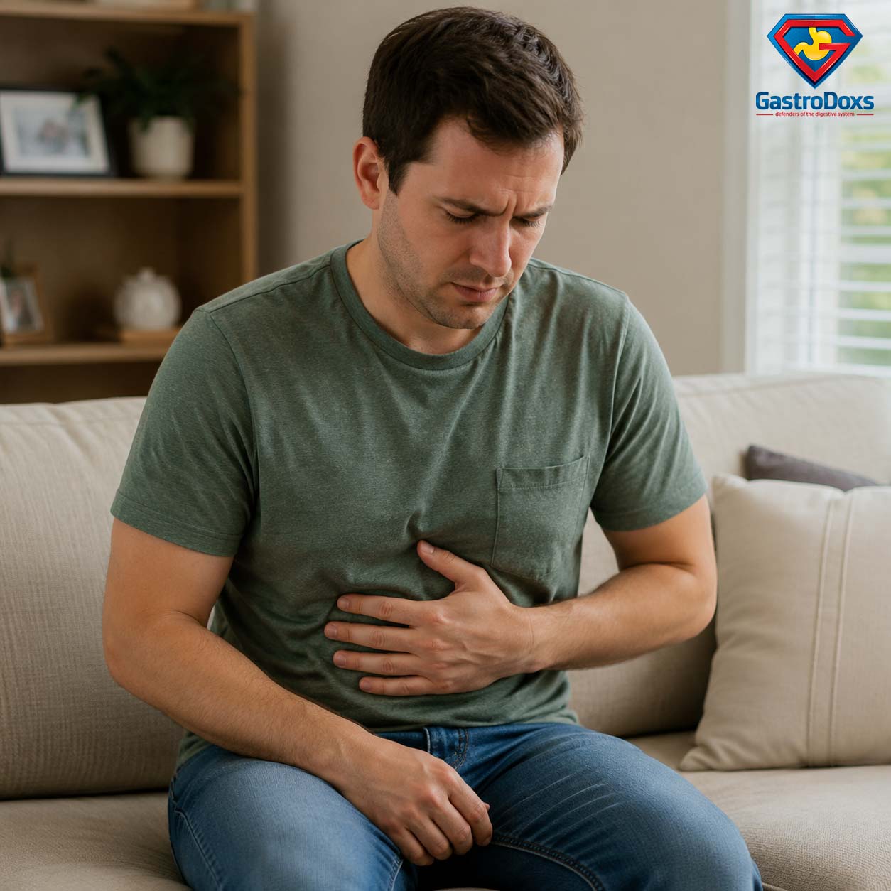 Person holding abdomen experiencing upset stomach discomfort