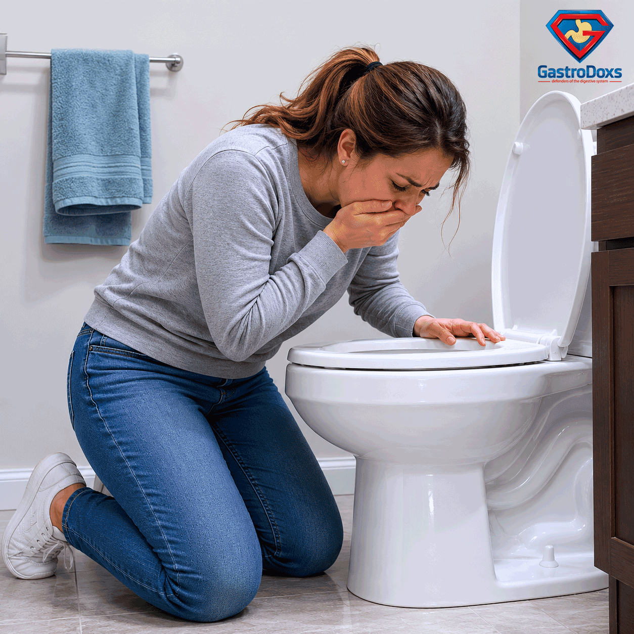 Medical illustration showing digestive system and vomiting mechanism